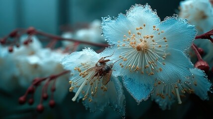 Close up of white blossoms on a branch with a blurred background.