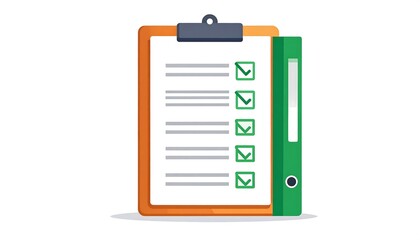 Clipboard with checklist and binder. Flat illustration of a clipboard with a checklist and a binder attached