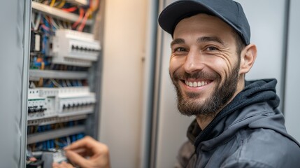 Smiling electrician confidently working on a complex electrical panel, ensuring safety and power reliability for modern infrastructure