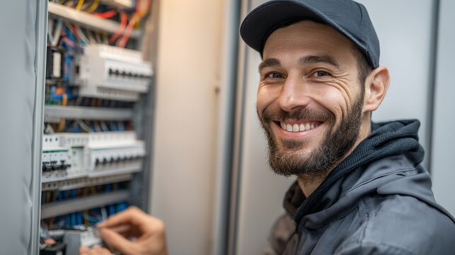Smiling electrician confidently working on a complex electrical panel, ensuring safety and power reliability for modern infrastructure