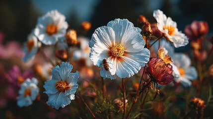 White flowers with yellow centers bloom in a field with blurred background.