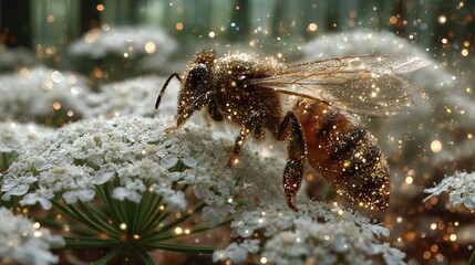 Bee on white flowers with blurred background and bokeh effect.