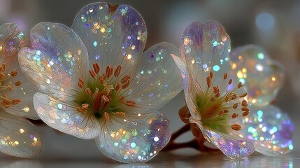 Close-up of white flowers with iridescent glitter sparkling in the light.