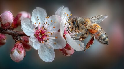 A bee on a flowering branch with pink buds and white petals.