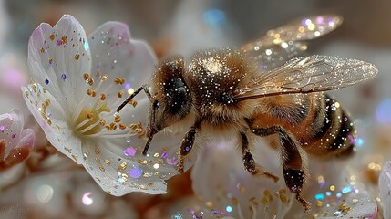 Bee on flower with pearls and glitter close up macro shot.