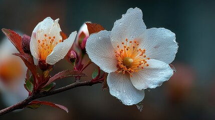 White blossoms with orange centers on a branch against a blurred background.