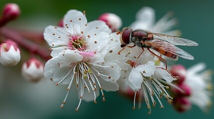 Fly on a white flower with pink center and buds in background.