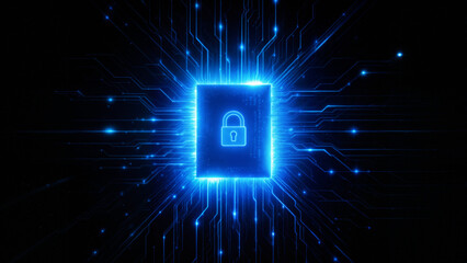 밝은 푸른 빛으로 강조된 디지털 자물쇠와 전자회로 보안 개념 이미지