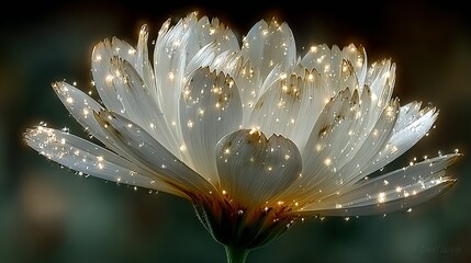 White flower with water droplets and sparkling light on petals close up.