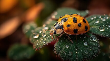 Yellow ladybug with black spots on green leaves covered in water droplets.