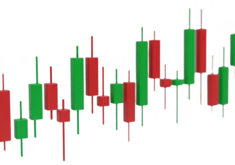 Green and red japanese candlestick chart representing stock market trends isolated on transparent background