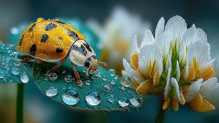 Yellow ladybug with black spots on a leaf with water droplets.