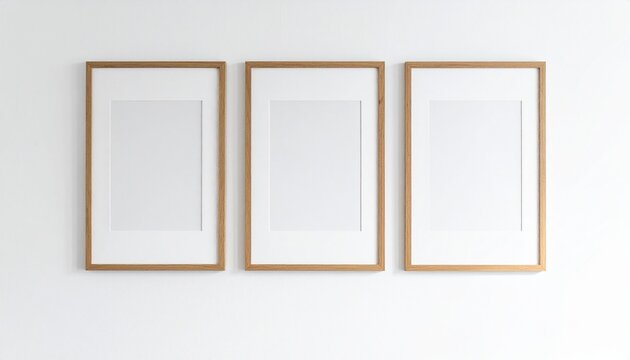 Three frames on wall mockup blank poster. Wooden frames mock up empty print background. Wood picture frames in room. Gallery design realistic modern interior