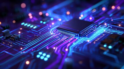 Stunning neon circuit board glows with vibrant blue and purple energy, representing futuristic technology and innovation.