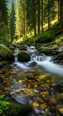 Obraz premium A tranquil mountain stream meanders through a lush forest, showcasing clear, flowing water over colorful stones and mossy rocks.