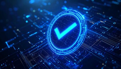 Digital verification concept with a glowing checkmark on circuit board background