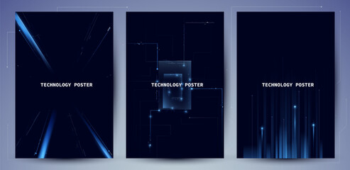 Technology Poster Set. Futuristic Blue Circuit On Dark Blue Background Vector