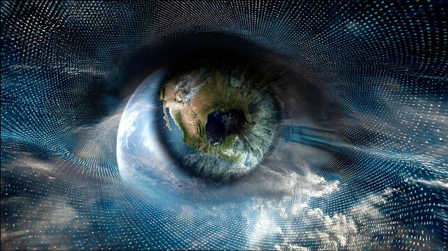 See the world through advanced digital vision, a futuristic eye observing Earth amidst a network of data streams and clouds - Powered by Adobe