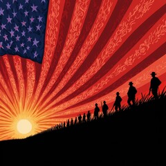 Naklejka premium Silhouetted Soldiers Marching at Sunset Under a Pixelated American Flag