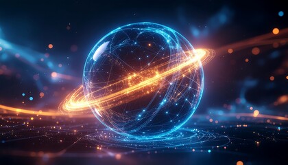 Obraz premium A glowing sphere with intricate lines and a surrounding ring, representing digital connections and data.
