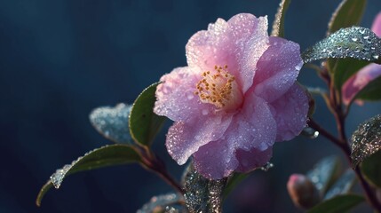 A delicate pink camellia flower covered in sparkling morning dew droplets against a soft, dark blue background.