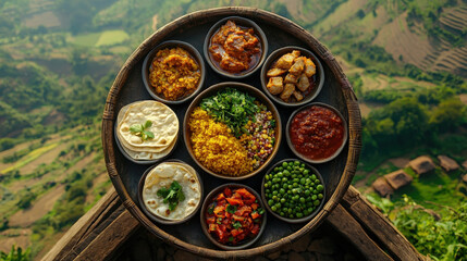 Traditional Indian vegetarian meal served in a circular platter with colorful dishes overlooking a scenic green landscape during bright daylight