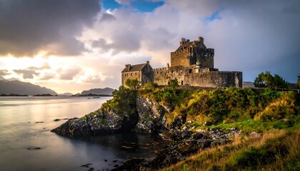 Fototapeta premium Dramatic castle perched on a rocky shore at sunset