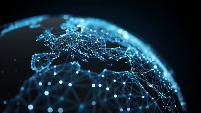 Global digital network glowing with interconnected nodes, representing data flow and worldwide connectivity across continents in futuristic blue.