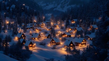 Obraz premium Snow Covered Cabins Illuminated at Night in a Winter Wonderland. Generative Ai