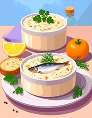 Creamy fish soup in bowls