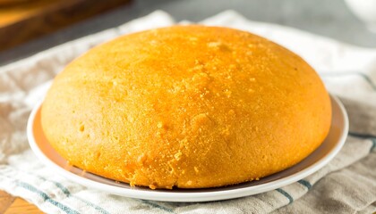 Golden cornbread loaf on a white plate, fresh from the oven delight