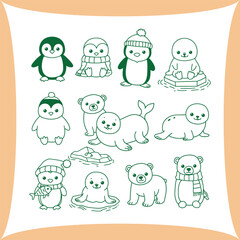 Cute collection of arctic animals penguin polar bear and seal doodles.