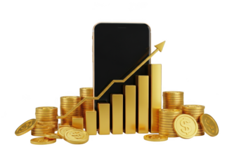 Smartphone with golden coins and upward trend bar chart representing financial growth isolated on transparent background