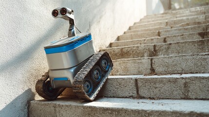 A small, tracked robot climbs a set of concrete stairs, demonstrating its mobility.