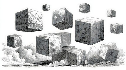 Abstract floating concrete cubes with rough textures in mid-air, modern minimalistic design, monochrome grayscale composition, artistic conceptual representation