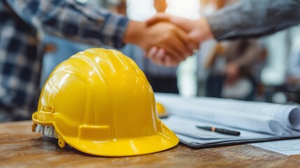 Professional handshake sealing a construction deal with blueprints and hard hat on desk, signifying partnership and success.