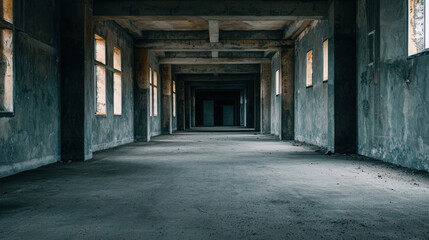 Abandoned Warehouse Interior with Concrete Walls and Empty Space Illuminated by Natural Light Through Windows