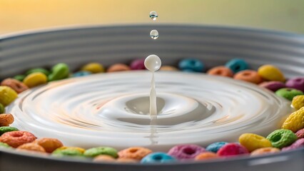 Bowl of cereal milk with drips and swirls, perfect for food packaging, advertisements, or social media posts. Delicious and eyecatching.