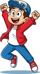 Cartoon boy jumping, red jacket, blue cap with goggles, blue jeans, red sneakers, happy kid pose, cad drawing flat vector illustration