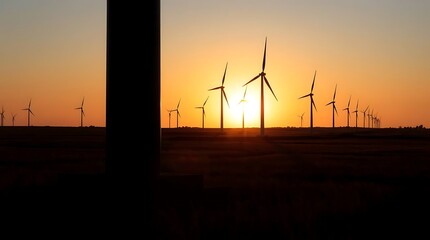 Obraz premium Serene wind farm at sunset generating clean energy with a golden glow, ideal for sustainability campaigns