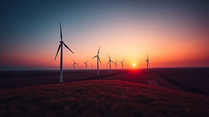 Obraz premium Stunning sunset over wind farm landscape creates powerful renewable energy visual for sustainable campaigns