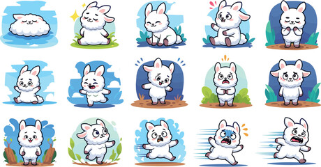 Cartoon white bunny character set, multiple poses and emotions, cute fluffy rabbit design, expressive animal pack, cad drawing flat vector illustration