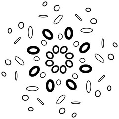 Abstract floral pattern made of black oval shapes arranged in circular symmetry on white background, modern decorative design for wallpaper, fabric, textile, or surface art.