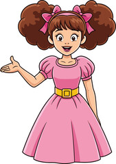 Cartoon girl with curly brown hair, pink dress, yellow belt, cheerful expression, presenting gesture, cad drawing flat vector illustration