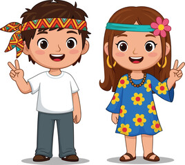 Cartoon hippie boy and girl, peace sign pose, 1960s flower power clothing, retro fashion design, cad drawing flat vector illustration