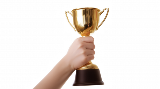Hand holding a classic golden trophy with a transparent background