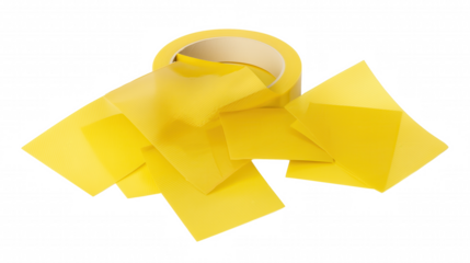 Close-up of partially unraveled bright yellow adhesive tape on transparent background