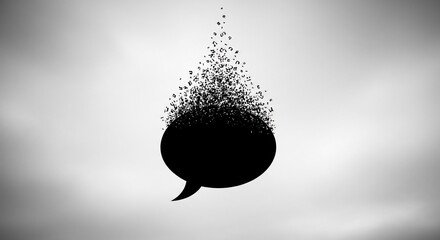 Black speech bubble dispersing into scattered fragments on a gradient gray background image design