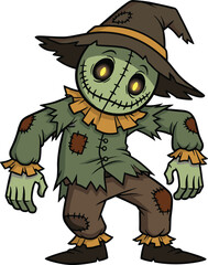 Obraz premium Cartoon spooky scarecrow with glowing eyes, tattered clothes, creepy Halloween character design, horror farm theme, cad drawing flat vector illustration