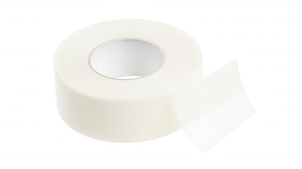 Tightly wound roll of pristine white adhesive tape with a small section unrolled diagonally on transparent background